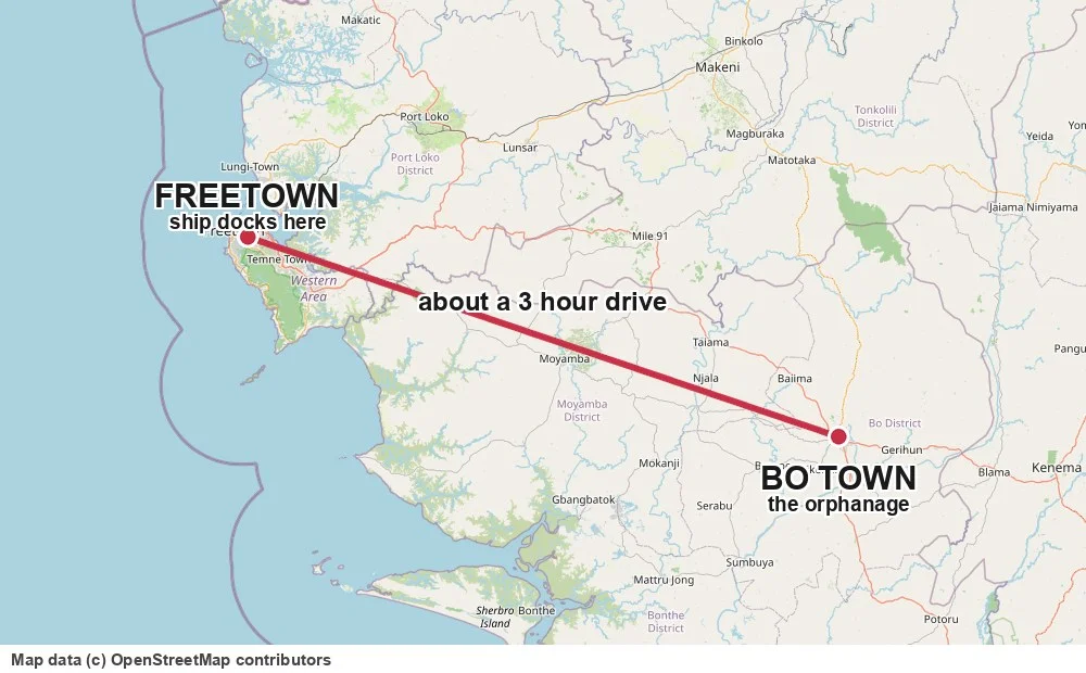 Map of Sierra Leone showing the route from the port at Freetown inland to Bo Town
