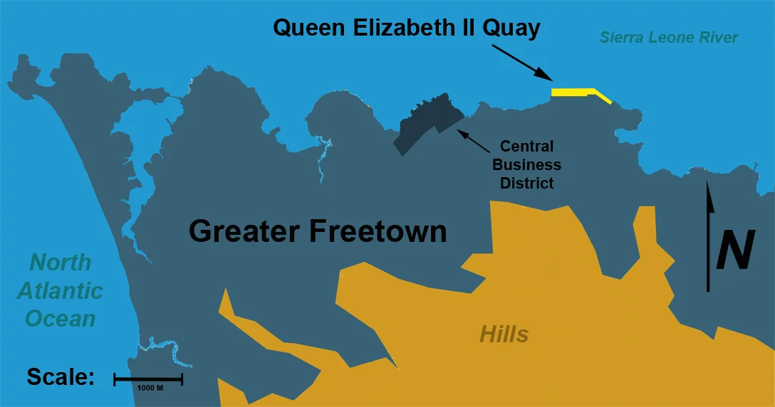 Map of Greater Freetown showing the location of Queen Elizabeth II Quay on the Sierra Leone River